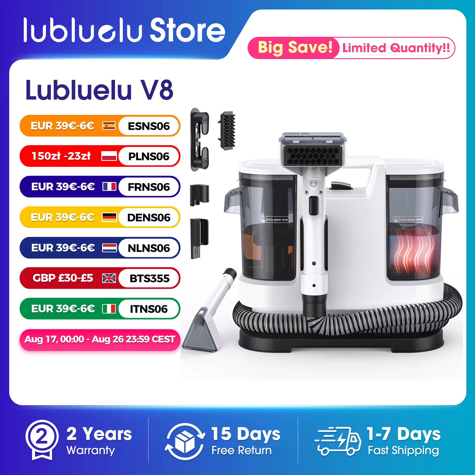 Lubluelu V8 800W à 66,99 € – Nettoyeur de tapis à eau chaude 60 °C